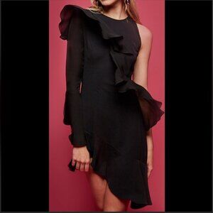 Parker Women's Black Silk Blend Neo One Sleeved Tiered Ruffle Mini Dress, Size 4